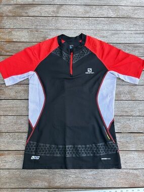 Salomon Black, Red & White Short Sleeve Performance Top